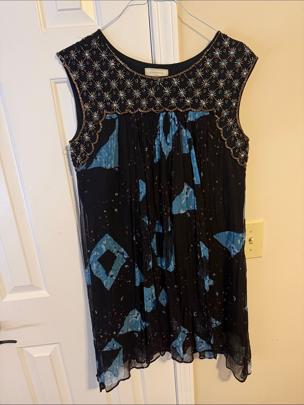 Anthropologie Black Mini Dress with Blue and Gold Embroidery